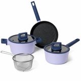 JustCook Pannenset Inductie – 6-delig – Antiaanbaklaag met Marmerafwerking – Met Glazen Deksels en Frituurmand – Blauw