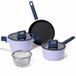 JustCook Pannenset Inductie – 6-delig – Antiaanbaklaag met Marmerafwerking – Met Glazen Deksels en Frituurmand – Blauw
