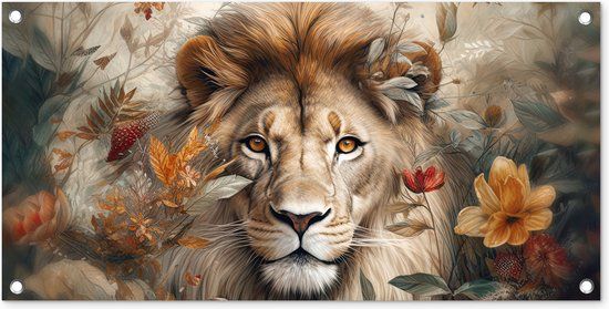 GreatGardenPosters Tuinposter Leeuw - Wilde dieren - Planten - Natuur - Bloemen - 80x40 cm - PVC - Rechthoek