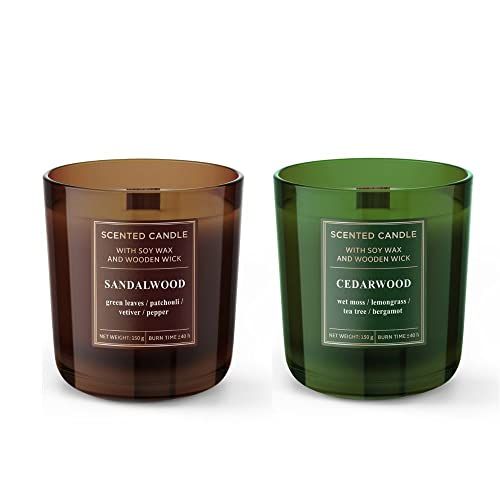 Dekohelden24 Geurkaars - windlicht - kaars in glas - set van 2 - Cedarwood en Sandalwood - 150g - groen-bruin