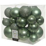 Decoris Kerstballen - 26x st - salie groen - 6-8-10 cm - kunststof - kerstversiering