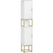 Meuble Colonne De Salle De Bain 30 X 30 X 170,7 Cm Avec 2 Placards, Étagère Ouverte, Structure En Mdf Et Acier, Meuble Haut Gain De Place Pour Sanitaires, Blanc Et Or