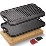 Overmont Omkeerbare gietijzeren grillpan, antiaanbaklaag, met handgrepen, voor grillen, gaskookplaat, open vuur, schraper inbegrepen, 43,2 x 24,9 cm