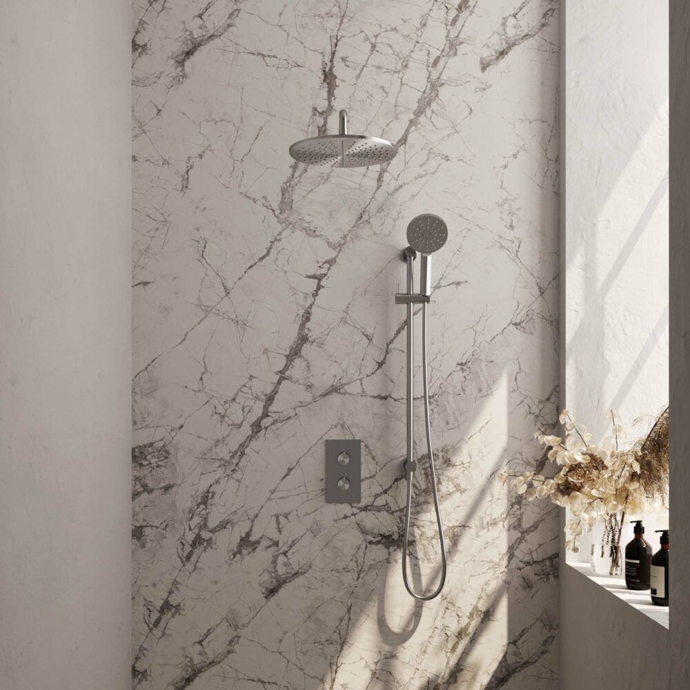 Brauer Brushed Carving thermostatische inbouw regendoucheset met 2-weg omstel 40cm gebogen wandarm met 30cm ronde hoofddouche 3 standen ronde handdouche 150cm gladde doucheslang met glijstang en handdouchehouder RVS geborsteld PVD 5-NG-142