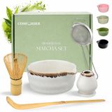 Comforder Matcha Set - 5 Delige Starterkit - Whisk & Klopper, Houder, Lepel, RVS Zeef & Bowl - 500ml Kom met Schenktuit - Keramiek - Japanse Cadeauset Kit - Thee Set Beige