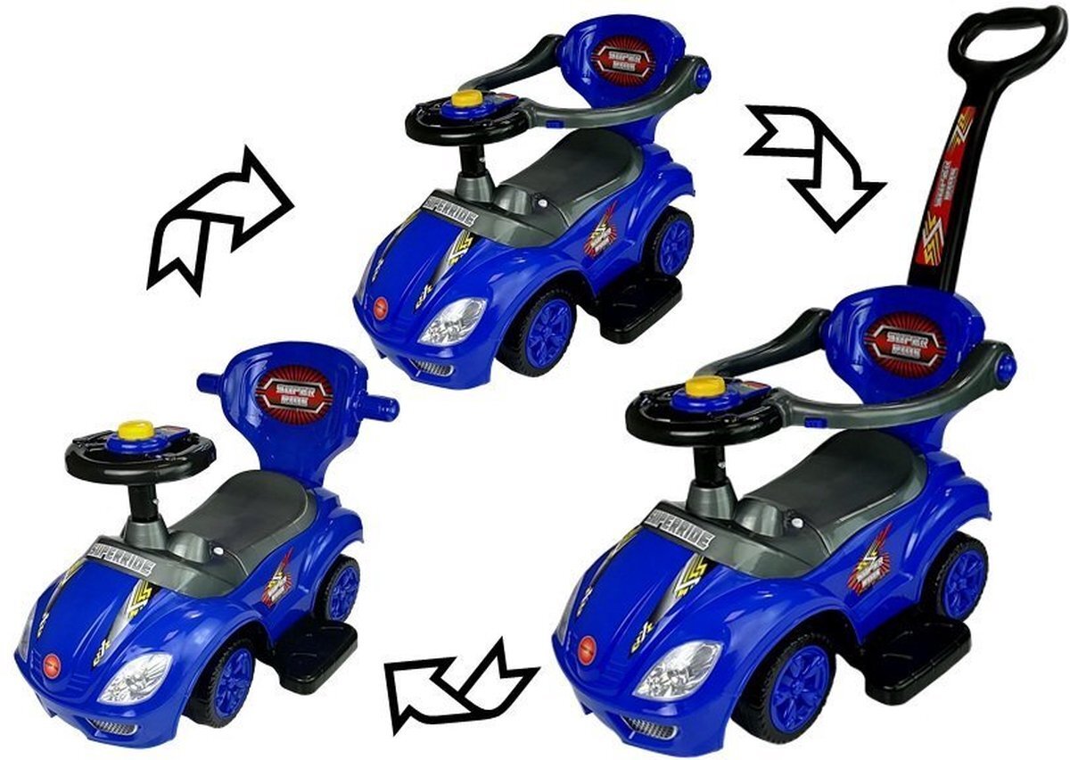 Lean Toys Mega Car 3 in 1 loopauto met duwstang - Groeit mee met je kind - Blauw