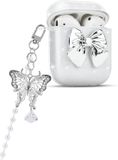 BeiJingLiangPinJiaZuoKeJiWenHuaFaZhanYouXianGongSi Housse de protection pour AirPods 1 et 2 avec porte-clés, perles papillon 3D et nœud argenté - Design en TPU résistant aux chocs et aux rayures