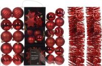 Kaemingk B.V. Set de décorations de Noël - Rouge - 42 pièces - Plastique - Boules de Noël, ornements et guirlandes en aluminium