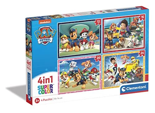 Clementoni 21513 Supercolor 4-in-1 Paw Patrol-puzzel, 12, 16, 20, 24 delen vanaf 3 jaar, kleurrijke kinderpuzzel met bijzondere helderheid en kleurintensiteit, behendigheidsspel voor kinderen