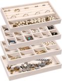 Frebeauty Sieraden Organizer Tray, Stapelbare Fluwelen Sieraden Trays, Lade-inzetstukken, Oorbellen Organizer voor Vrouwen en Meisjes, Sieraden Opbergdoos voor Ringen, Oorbellen, Set van 4 (Beige)