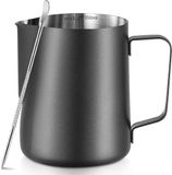 Ibenzoa® Pichet à mousse de lait en acier inoxydable avec stylo à latte art et échelle intégrée, 350 ml, Noir