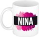 Bellatio Decorations Shoppartners Bv Nina naam cadeau koffie mok - beker - met roze verfstrepen - Cadeau collega - moederdag - verjaardag - juf - coach - 300 ml - wit