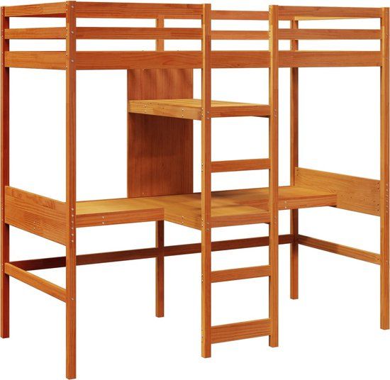 vidaXL Hoogslaper met bureau en schappen grenenhout wasbruin 90x200cm