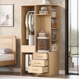 OKWISH Kledingkast Open Kast 70 X 55 X 175 Cm Met Hanggedeelte, Planken En 3 Lades, Vrijstaand, Houtkleur