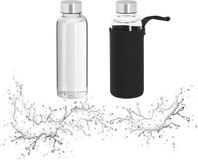 Relaxdays Glazen Drinkfles - Set van 2 - 360 ml - Transparant/Zwart