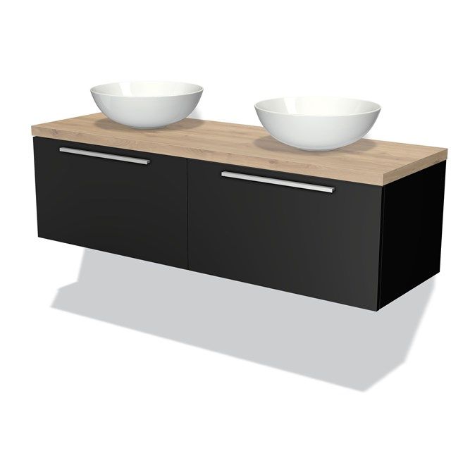 Maxaro Badkamermeubel Modulo Plato 140cm Mat Zwart 2 Lades Lichtbruin Eiken