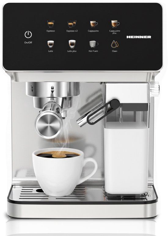 Heinner Pistonmachine - Touch Control - 1350W - Digitaal display - 20 Bar - Espressomachine - Waterreservoir 1.6L en Melkreservoir 0.5L - Zilver