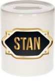 Bellatio Decorations Shoppartners Bv Spaarpot met voornaam Stan - wit - met goud/zwart embleem - 8 x 9 cm - keramiek - met afsluitdop - cadeau verjaardag