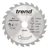 Trend Wood cirkelzaagblad, 216 mm diameter, 30 mm boring, 24 tanden, 2,4 mm snijvoeg, +15° haak, TCT, grof oppervlak, CSB/21624
