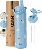 VANN® RVS Drinkfles 650 ML met rietje voor volwassenen – 3-Wandig – Met 2 doppen – Thermosfles – 12 uur warm/24 uur koud – VANN Vibe Botte Lemon