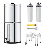 Merkloos Système de filtration d'eau par gravité - Système de filtration d'eau sur le comptoir - Capacité 7,8 + 8,5 L - Réduit le plomb et jusqu'à 99 % de chlore - 2 filtres à charbon céramique - Robinet inclus - Inox