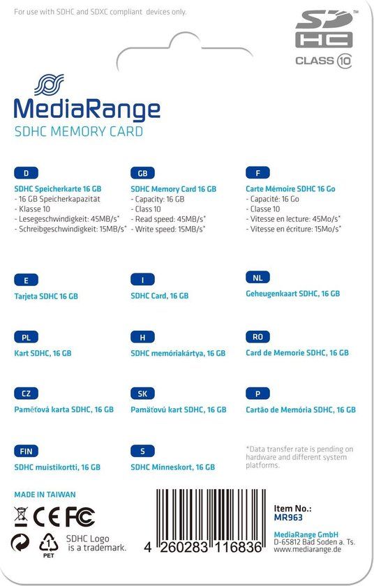 MediaRange SDHC 16GB Class 10 - SD-kaart