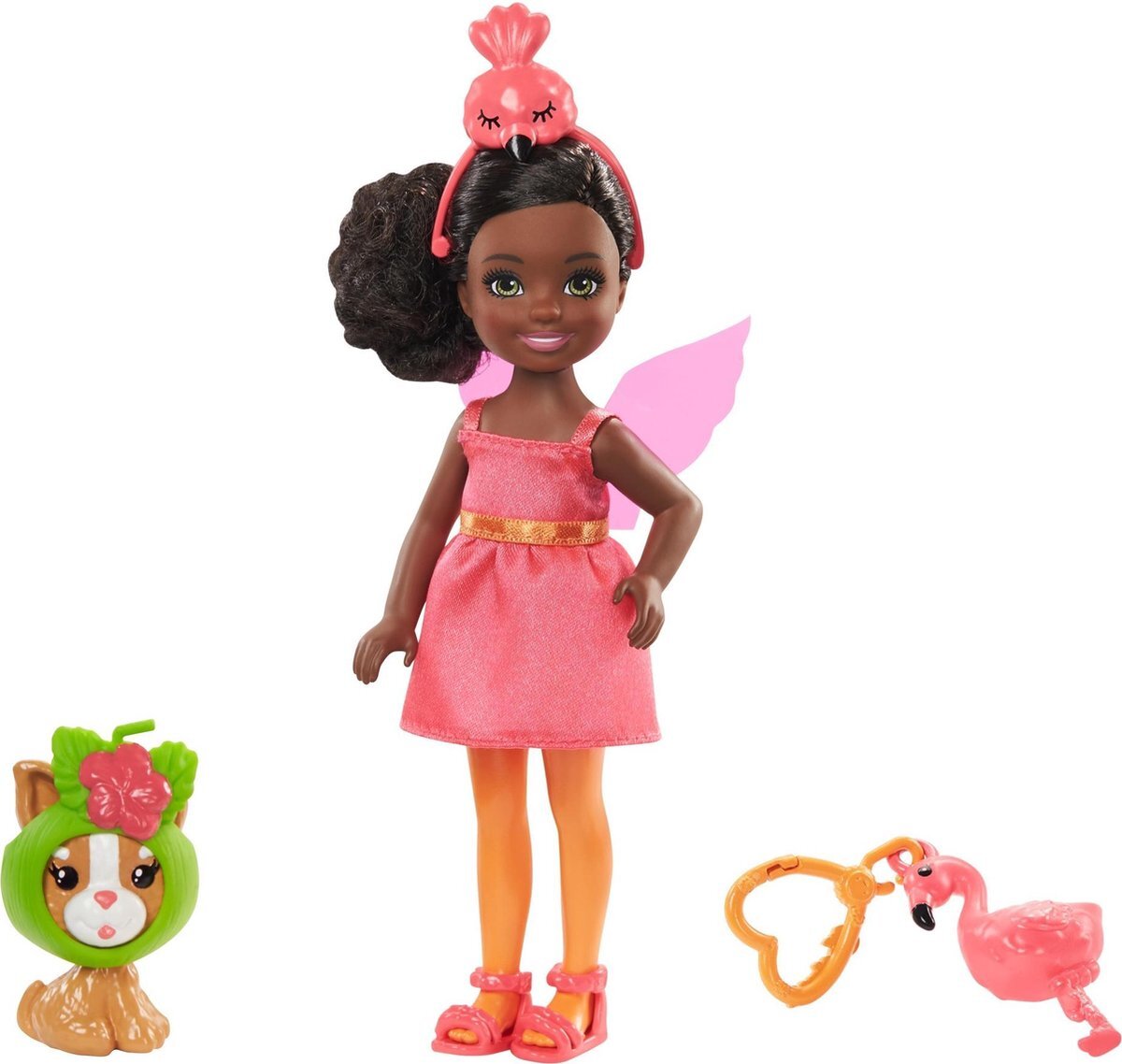 Barbie BarbieÂ® Club Chelseaâ„¢ Verkleedpop met Flamingopakje, 15 cm met Bruin Haar, Kitten en Accessoires