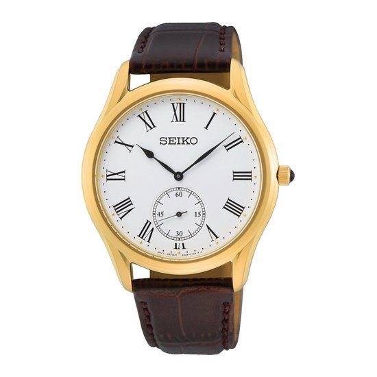 Seiko SRK050P1 Heren Horloge - Goudkleurig - Wit - Bruin Leer - Saffierglas
