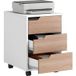 Bureau mobile sur roulettes avec 3 tiroirs, caisson de rangement blanc et chêne, 40x50x57,5 cm, meuble à tiroirs pour espace de travail pratique et déplaçable.