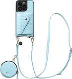 AVY Leren Hoesje geschikt voor Apple iPhone 15 Pro Max | Met Koord, Wallet en Pouch | Compatibel met MagSafe | Leather Case met 130CM Koord | Long Leather | Croco Blauw