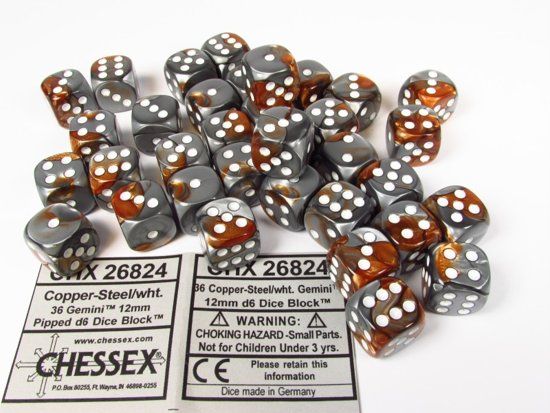 Chessex Dice Set 36 6-Sided 12 mm Gemini Copper-Steel w/White