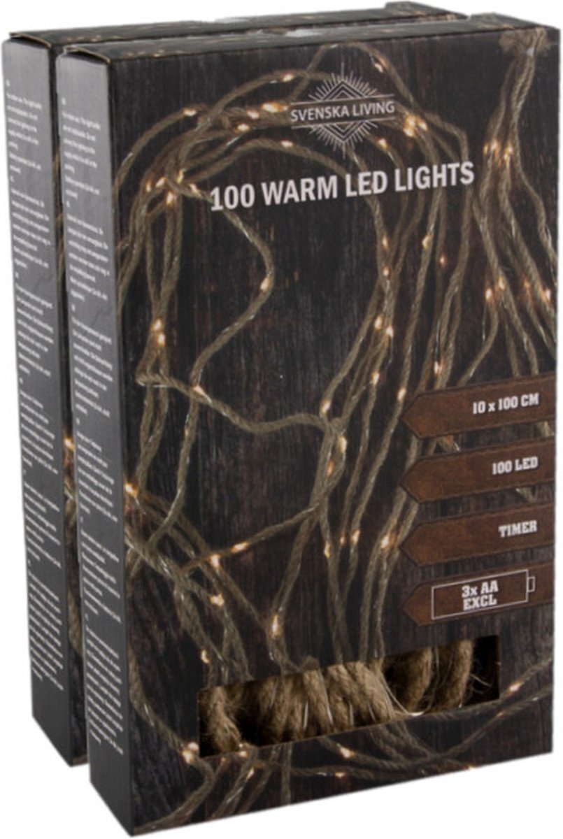 Svenska Living Set van 2x stuks touwverlichting lichtsnoeren op batterij warm wit 100 leds