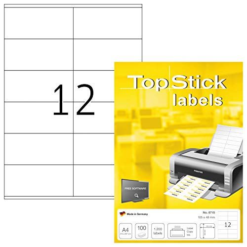 TopStick 8715 universele etiketten A4 (105 x 48 mm, 100 velle, papier, mat) zelfklevend, bedrukbaar, permanente klevende adreslabels, 1.200 etiketten voor printer, wit