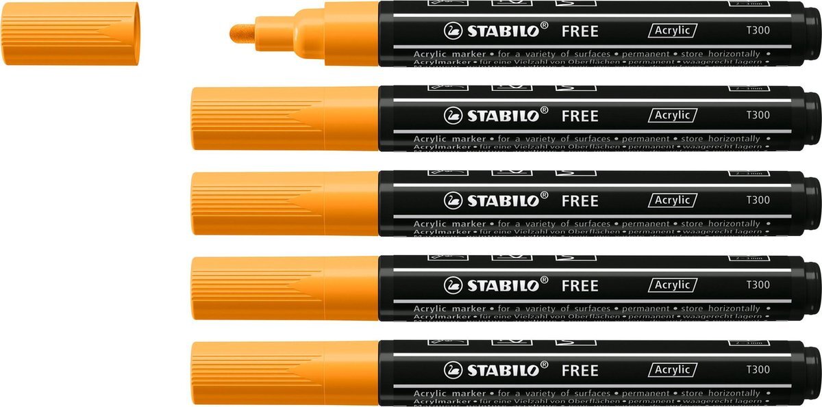 Stabilo FREE - Acryl Marker - T300 - Ronde Punt - 2-3 mm - Oranje - Doos 5 stuks