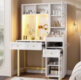 STILVORA Kaptafel Met Ledverlichting, Lochwand Organizer Met 5 Haken, 3 Lades, Glazen Kast En Oplaadpunten, Wit Goud, 100 X 45 X 156 Cm