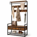 Merkloos Relaxdays Staande Kapstok met Schoenenrek, 2 Lades, Hoedenplank, Industrieel, Bruin/Zwart/Goud, Metaal/MDF