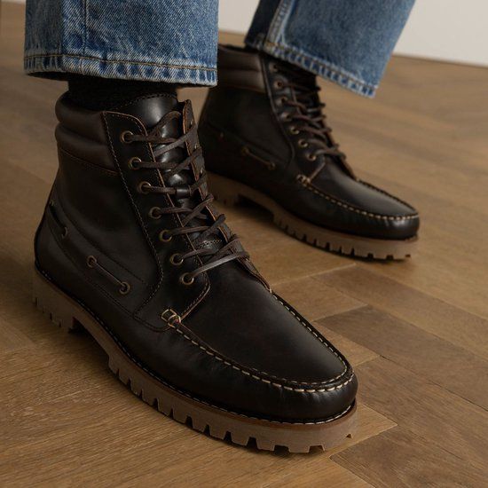 Manfield - Heren - Donkerbruine leren veterboots - Maat 43