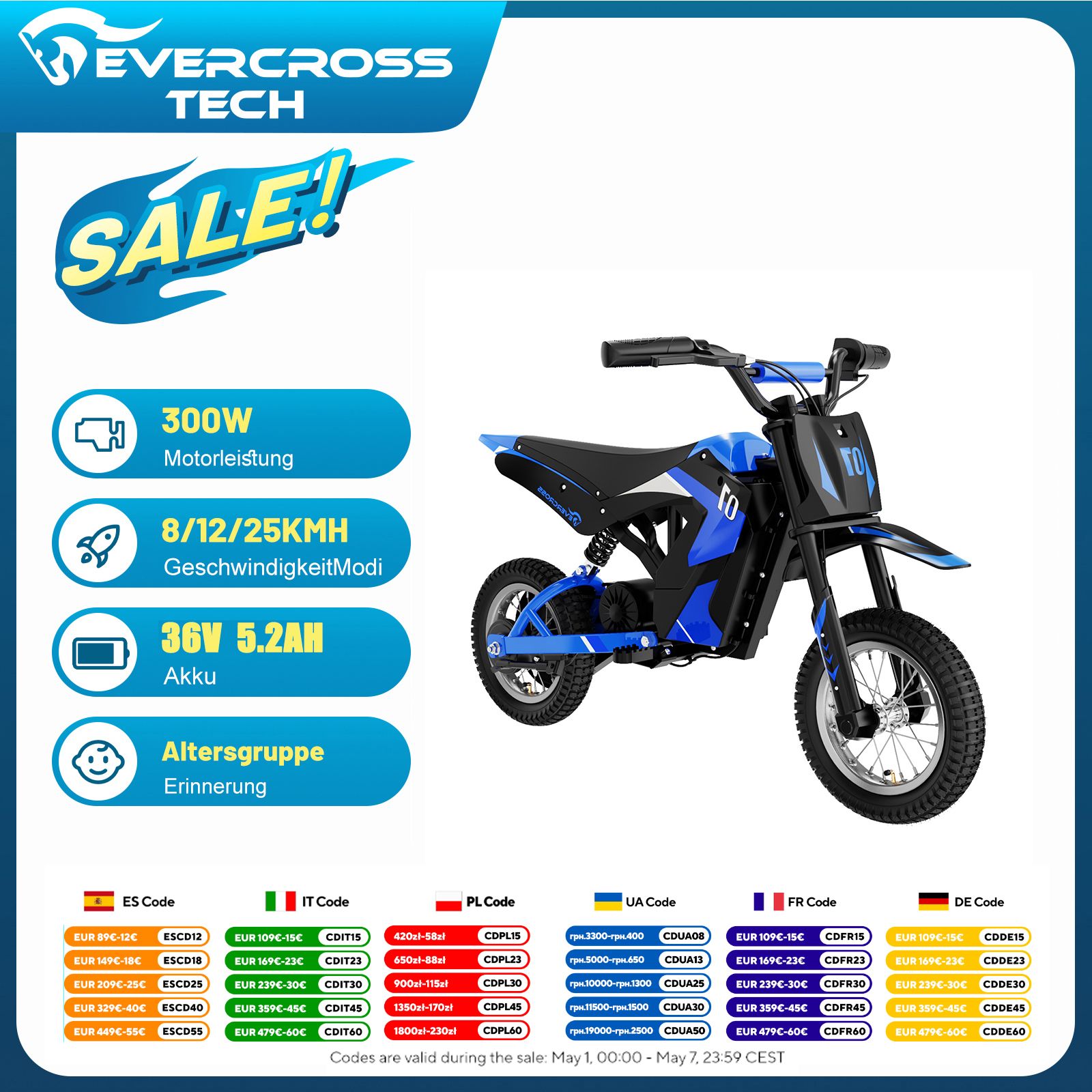 EVERCROSS TECH Elektrische Kindermotor EV12M - 300W - 25 km/u - 15 km Bereik