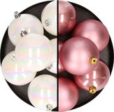 Merkloos / Sans marque Kaemingk B.V. 12x stuks kunststof kerstballen 8 cm mix van parelmoer wit en velvet roze