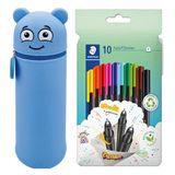 MARKY potloodetui in emoji-design in blauw, zachte en slijtvaste silicone, incl. 10 STAEDTLER triplus fineliners 334