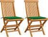 Fauteuils pliants avec coussins verts, 2 pièces, teck massif