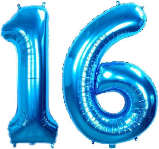 Folie Ballon Cijfer 16 Jaar Blauw 36Cm