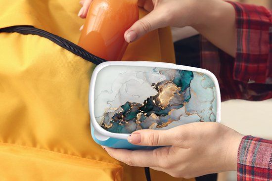 MuchoWow Broodtrommel - Blauw - Marmer - Goud - 18x12x6 cm - Lunchbox voor Kinderen - BPA-vrij
