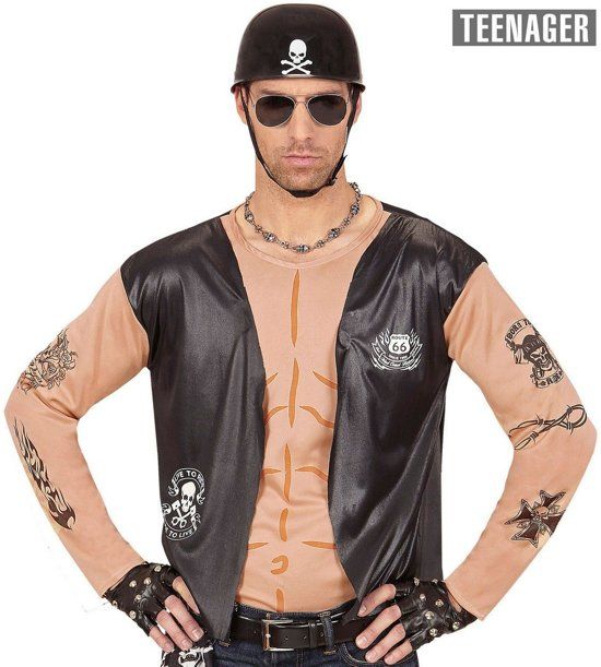 Widmann Aso & Biker & New Kids Kostuum Biker Shirt Motorman Tiener Jongen Small / Medium Carnaval kostuum Verkleedkleding