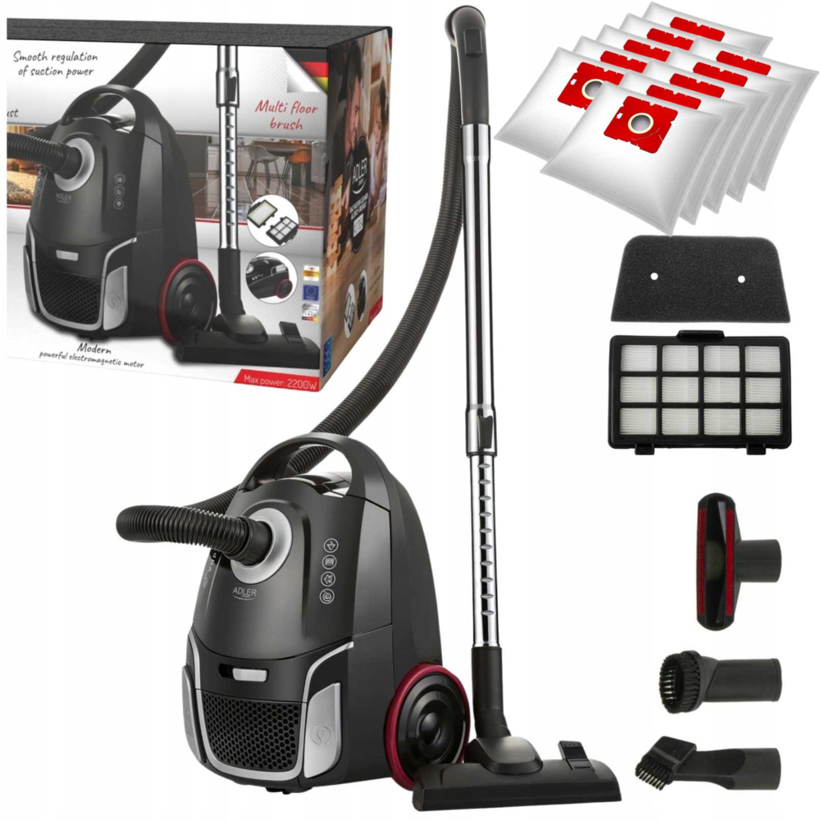 Adler Hygiënische zakstofzuiger HEPA H13 17000 Pa 2,6L 8 microvezelzakken Automatisch opwindbare kabel