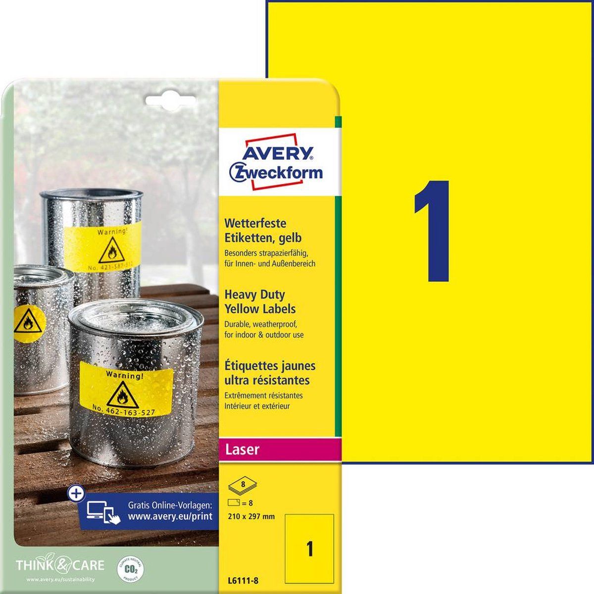 Avery Zweckform L6111-8 Etiketten - 210 x 297 mm - Polyester folie - Geel