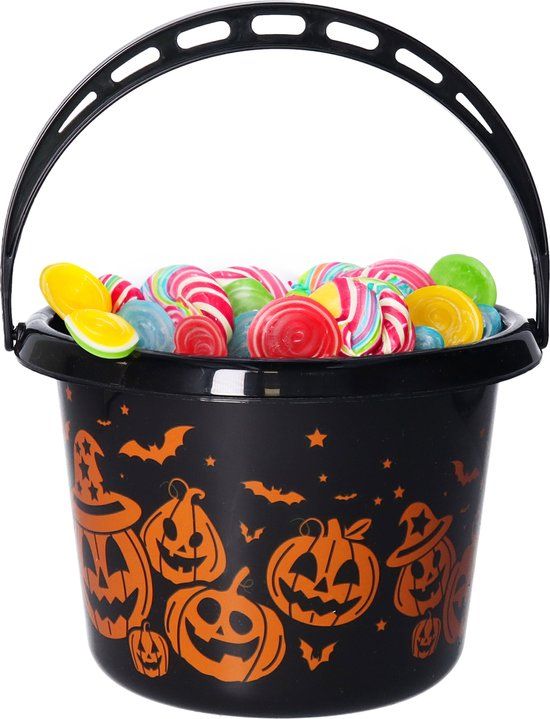 Fiestas Guirca Trick or treat snoep emmertje - pompoen thema - zwart - 18 x 16 cm - Halloween snoepjes ophalen