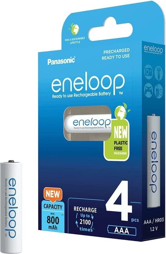 Panasonic BK-4MCDE/4BE eneloop Ready-to-Use Ni-MH batterijen, AAA/Micro verbeterde capaciteit van min. 800 mAh, levensduur van 2100 laadcycli, oplaadbare,in plasticvrije verpakking, 4er Pack,blauw