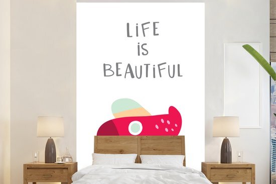 Nr1Wallpaper Behang - Fotobehang Illustratie van een vliegtuig met de quote Life is beautiful - Breedte 145 cm x hoogte 220 cm