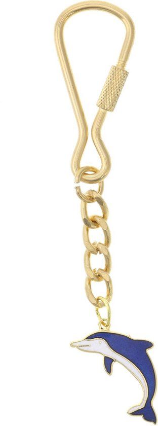 Merkloos / Sans marque Behave® Sleutelhanger dolfijn goud kleur blauw wit emaille 10 cm